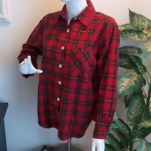Plaid Cotton Button-Down Long-Sleeved Shirt w/Shimmery Gold Accent Thread - Sz L